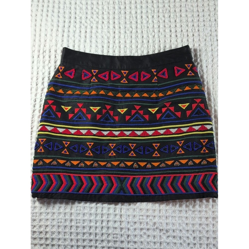 Sam Edelman Black Mini Skirt with Multicolor Embroidery Size 2 Geometric Aztec